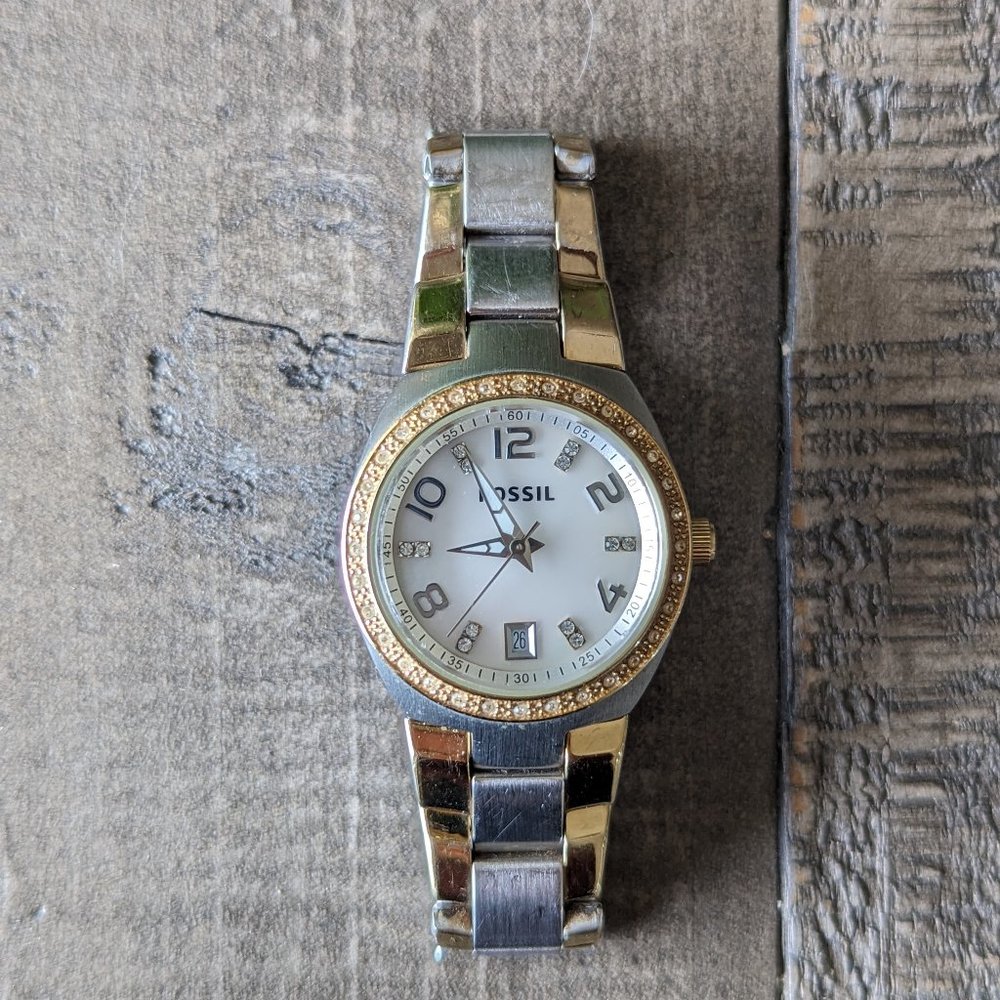 Fossil Watch Women's Small Petite Two Toned Date CZ Bling with Tin